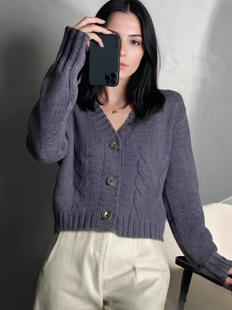 

Осенний повседневный однотонный короткий вязаный топ, модный кардиган с v-образным вырезом и длинными рукавами, элегантный свободный трикотаж, офисный женский кардиган на пуговицах