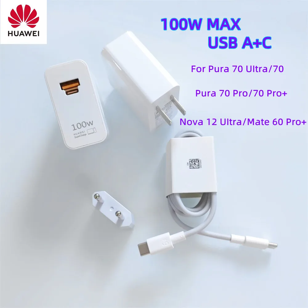 Huawei Fast Charger EU/US Max 100W SuperCharge PD/QC 3.0 Quick Charge For Pura 70 UItra Mate 60 Pro+ 6A Type C To tipo C Cable