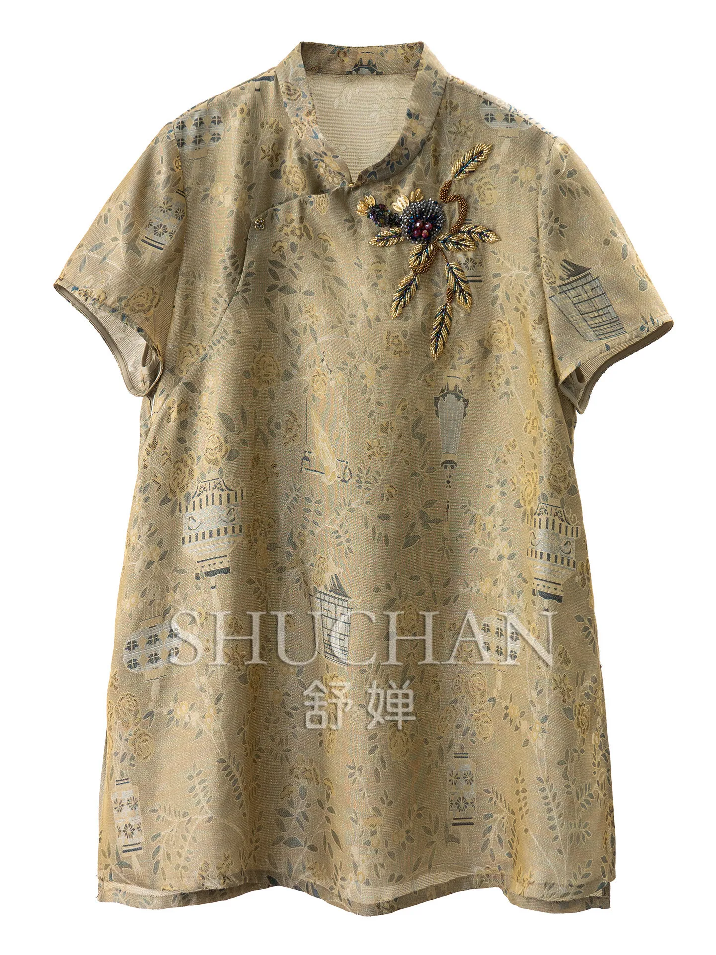 Nova Blusa Feminina de Luxo em Seda Pesada Chinesa com Brocado Xiaguang e Miçangas, Estilo Cheongsam, 60L7, Frete Grátis