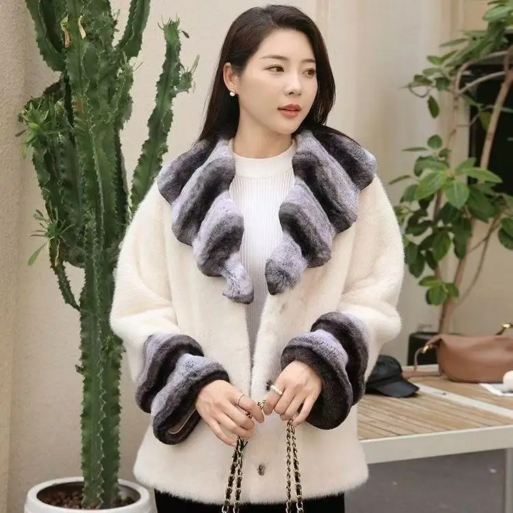 Zimowy, długi, obszerny, ciepły, gruby, puszysty, miękki, brązowy płaszcz ze sztucznego futra norek z falbaną, elegancki, luksusowy, futrzany płaszcz damski 2025 Wh52