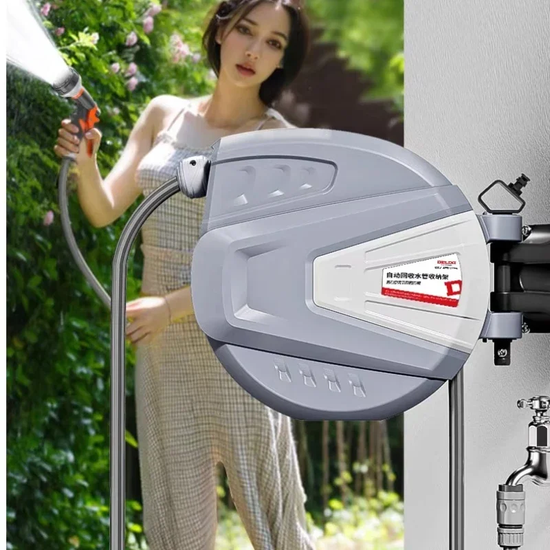 Wall Mounted Garden Hose Reel Self-Winding Water Hose Storage Retractable Garden Reel Space Saving Storage Rack for Watering
