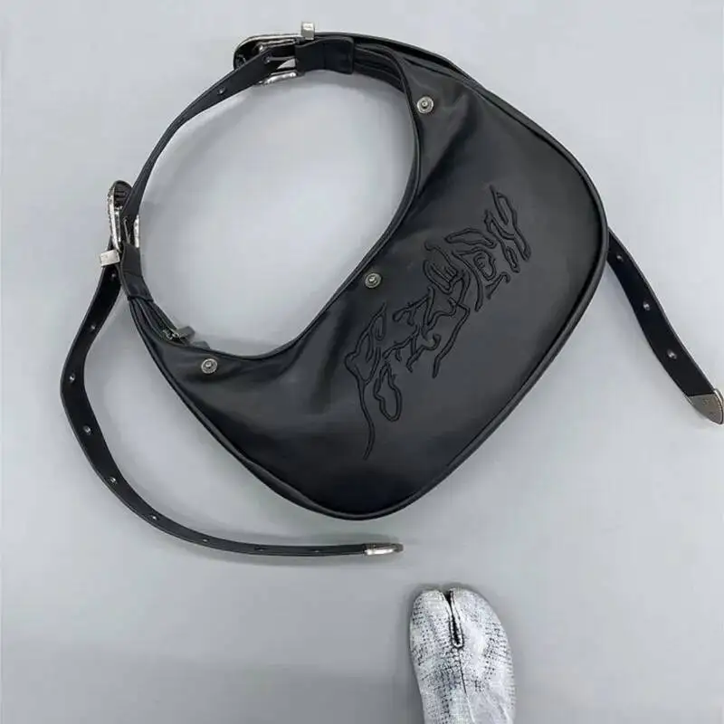 

Bloom Hot Girls Black Shoulder Bags Women High Street Embroidery Leather Soft Y2k Handbag Purse Female Vintage Underarm Bag