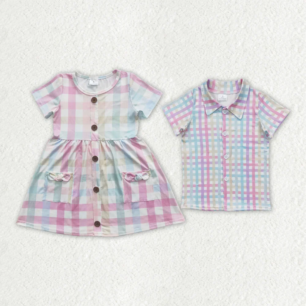 GSD0296 Wholesale Summer girls dresses Color Striped Plaid Short Sleeve Dress Western Summer Boutique kids clothes girl