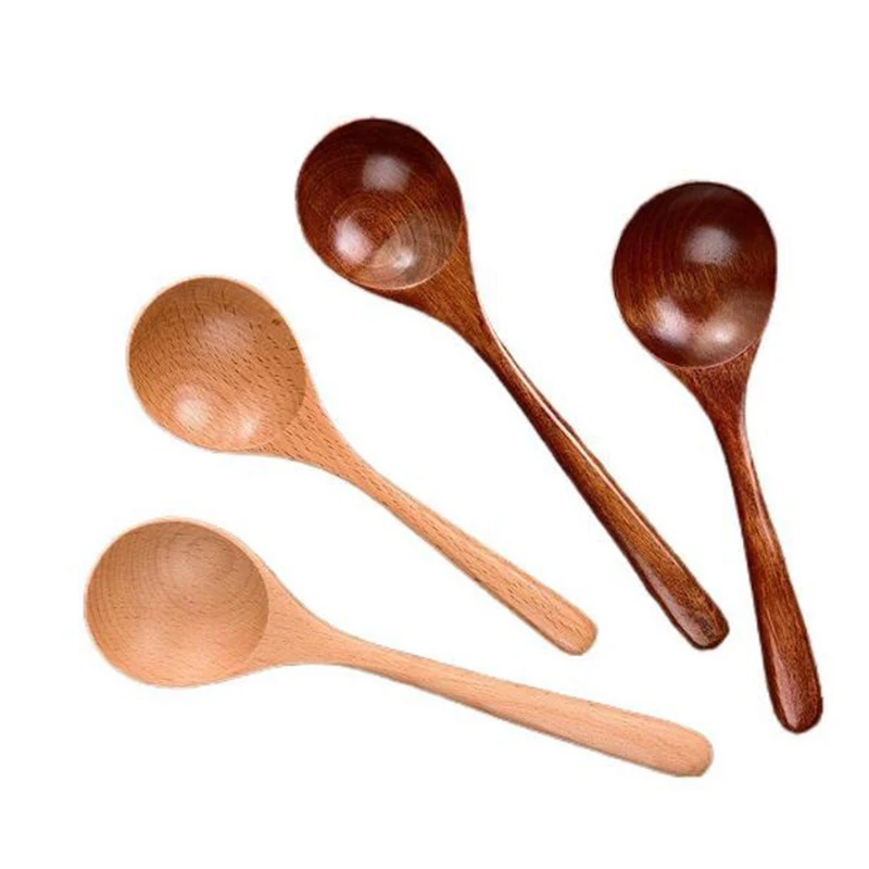 3Pcs/Set Japanese Style Long Handle Wooden Round Spoon Soup Spoon Stiring Tool Teaspoon Kitchen Tableware