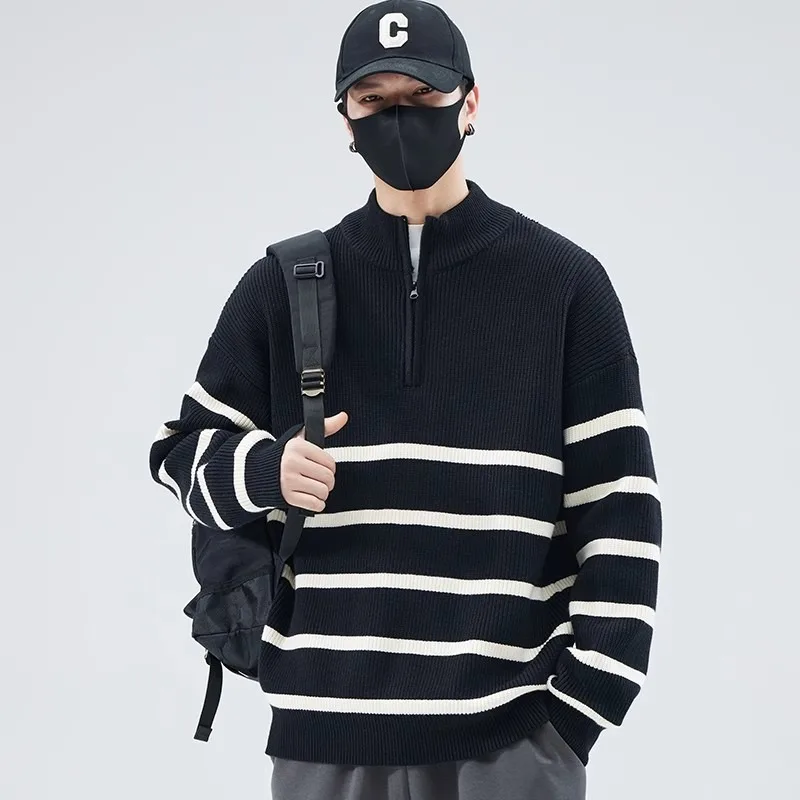 

Half Turtleneck Zipper Striped Sweater for Men Autumn and Winter Loose Pullover Bottoming Knitted Sweatshirt Top