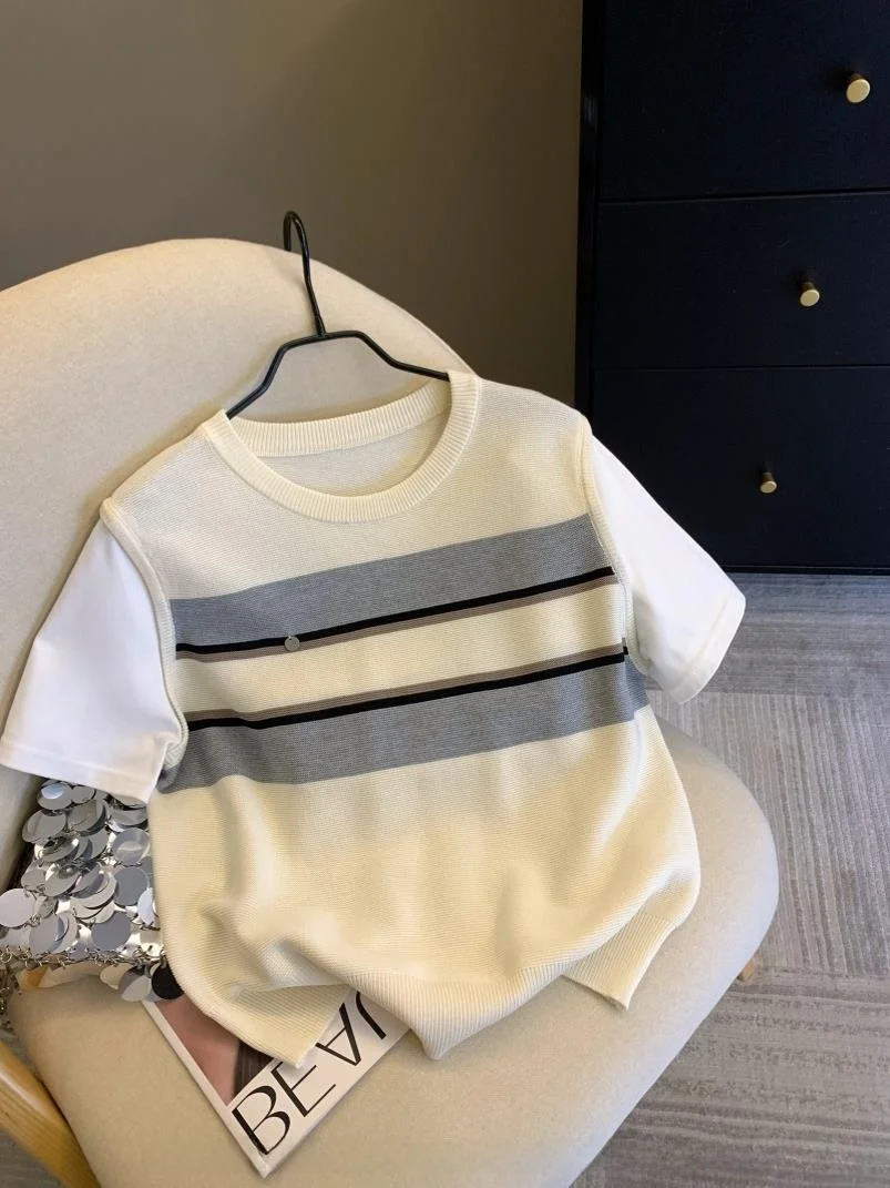 

Knitted Short Sleeve T-Shirt Women Summer Layering Fake Two-Piece Striped Knit Top Shoulder Width Regular Commute Style