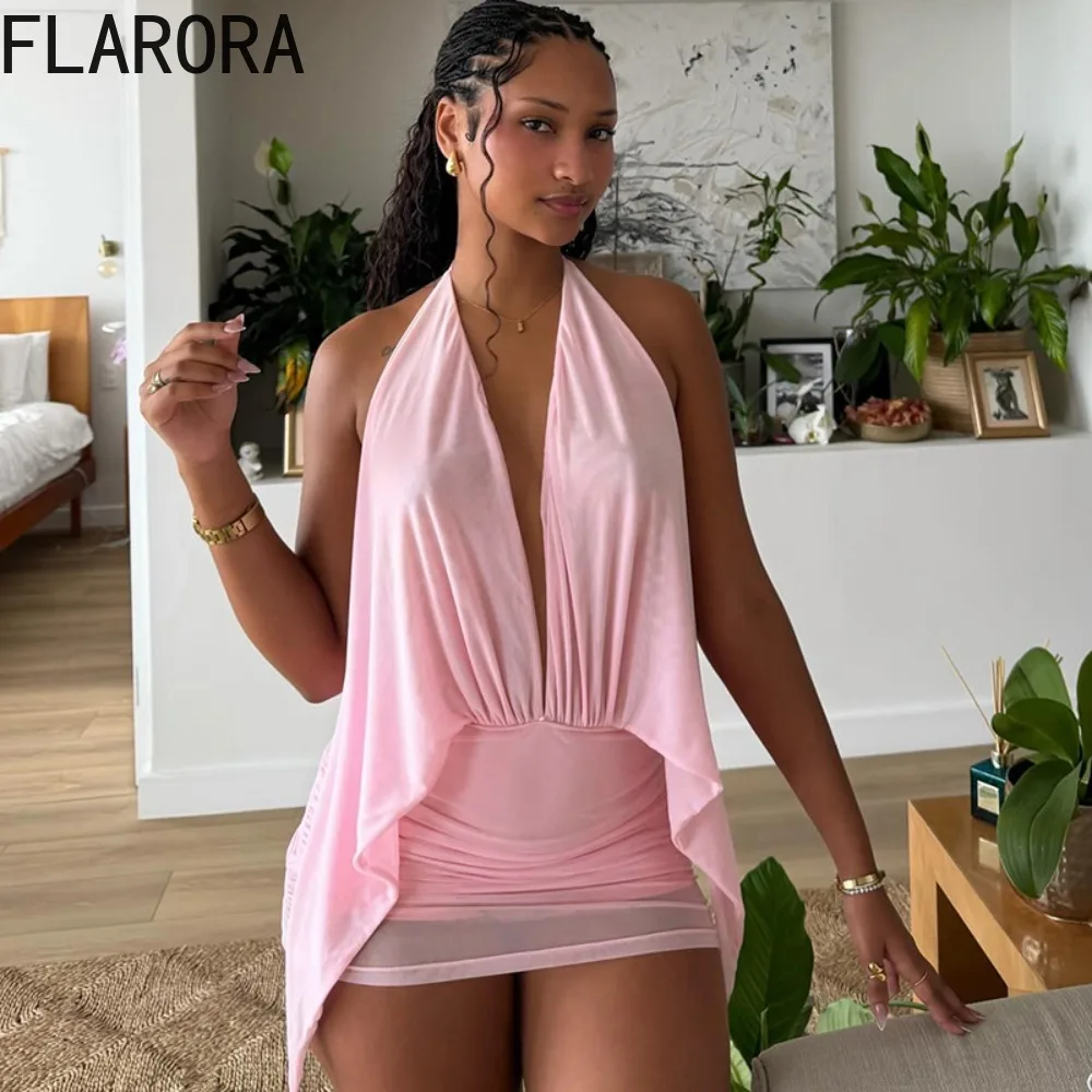 

FLARORA Sexy Mesh Patchwork See Through Dress Woman Halter Deep V-Neck Backless Ruched Bodycon Dress Hot Midnight Party Vestidos