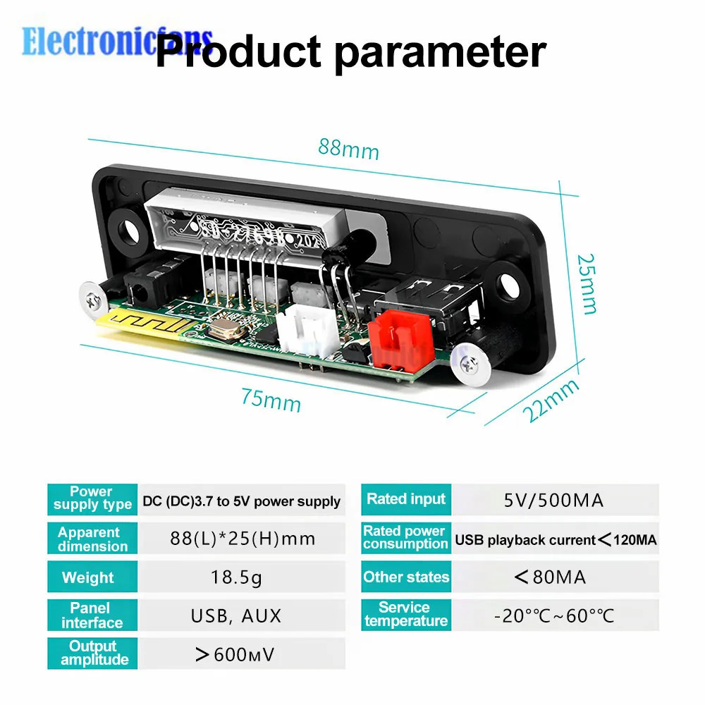 Audio Decode Board Car Music MP3 Decoder Board Bluetooth 5.0 Support AUX FM USB Hands-Free Calling Audio Player Module