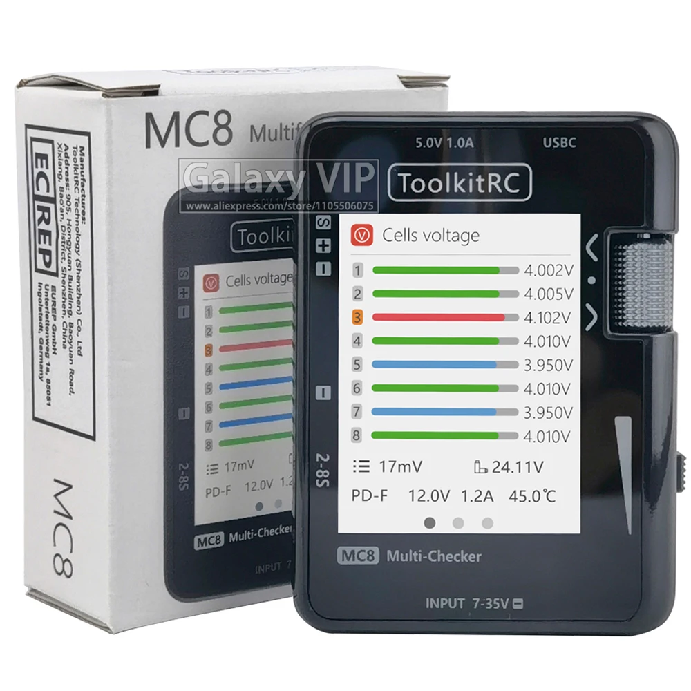 ToolkitRC MC8 Mini-Cell-Checker, 32-Bit 2-8S Akku-Multi-Checker mit PWM-Ausgang, PPM SBUS-Anzeige und USB-C-Schnellladung
