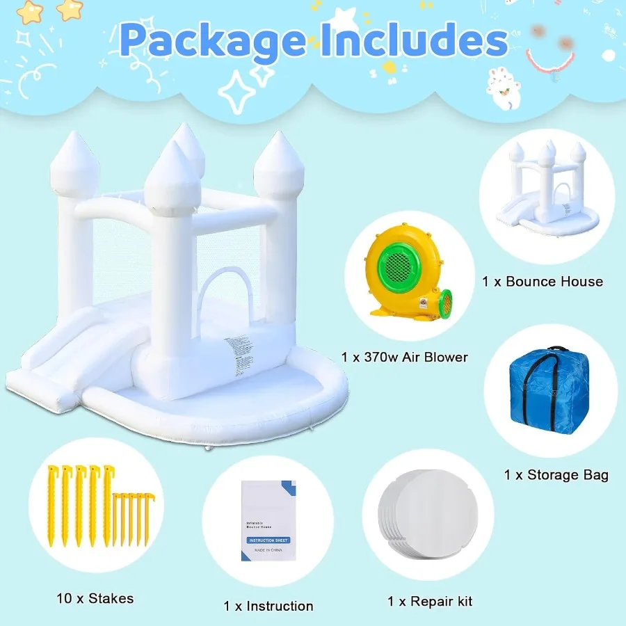 화이트 바운스 하우스, 에어 블로워 포함 풍선 바운스 하우스, 파티, 결혼식, 뒷마당 행사용 볼풀이 있는 점핑 캐슬 하우스