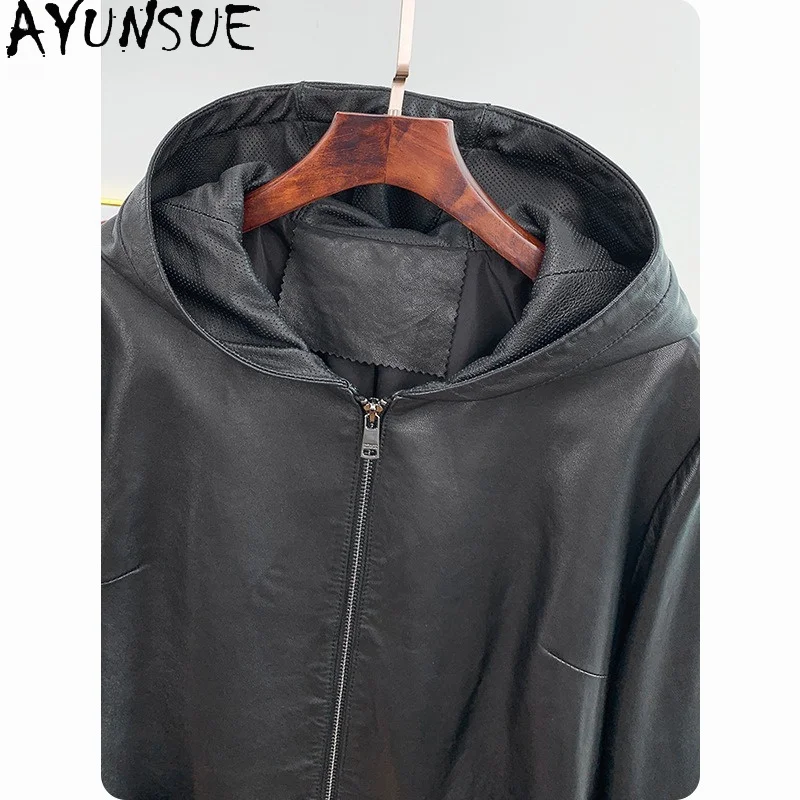 AYUNSUE Sheepskin Jacket Woman Spring Autumn Loose Hooded Outerwears Black Real Leather Jackets for Woman Clothes Ropa Mujer