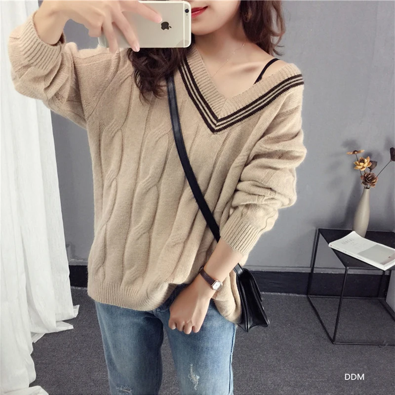 Jersey de lana con cuello en V para mujer, suéter de punto, Jersey informal liso, Top de manga larga Vintage, otoño e invierno, 2023