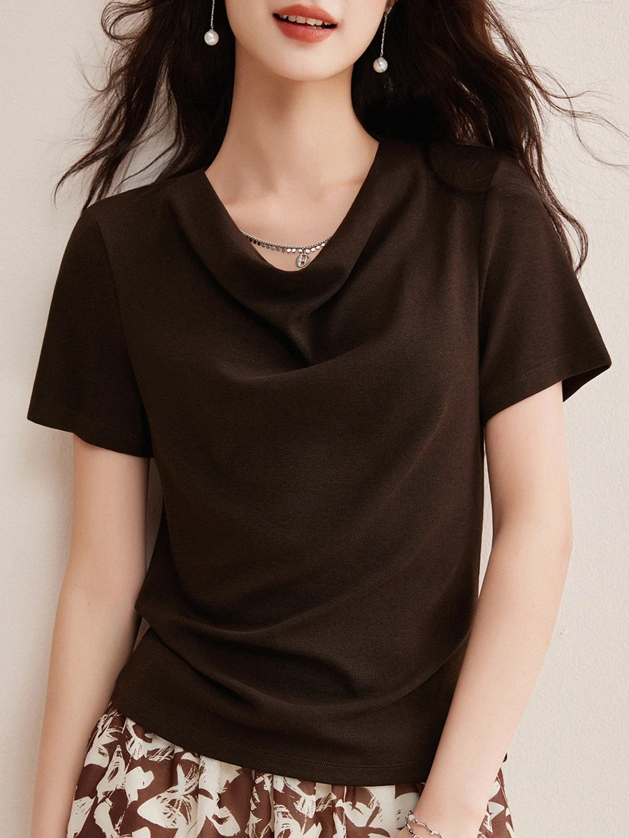 Women Retro Mocha Brown Imitation Cashmere Tee Cowl Neck Luxury Slim Short Sleeve Basic Inner Layer Daily Fashion Tops