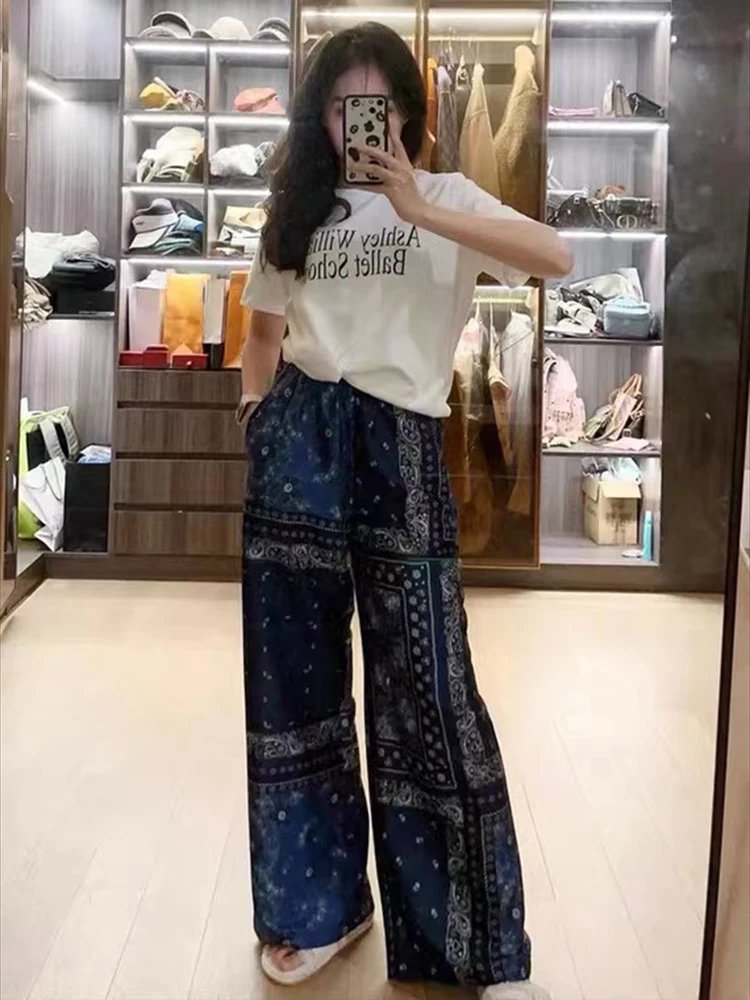 

Hot wide leg pants women high waist straight leg slimming totem printed casual pants loose comfort straight pants
