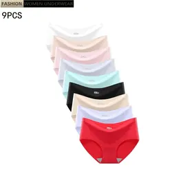 9 PCs/Lot Seamless Ice Silk Underwear for Women Monochrome Underwears Middle Waist Sexy Girl Student Briefs Comfortable