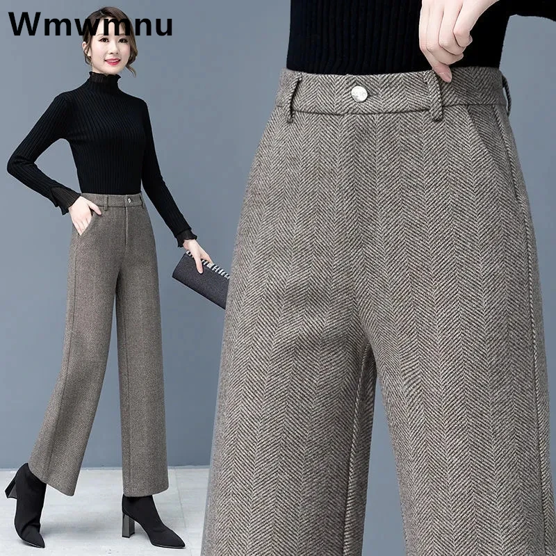 

Fall Winter Office Woolen Wide Leg Pants Women Casual High Waist Thicken Pantalones New Wool Blend Warm Straight OL Sweatpants