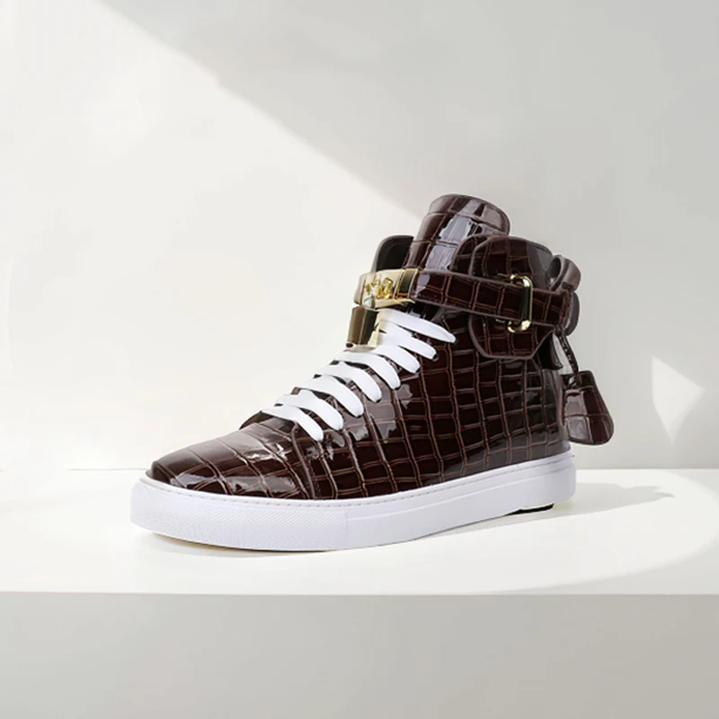 

Unisex Coffee Top Sneakers Mens Cow Leather Lace-up Stone Pattern Business Croc-Sneakers Casual Shoes Luxe Flat Shoes