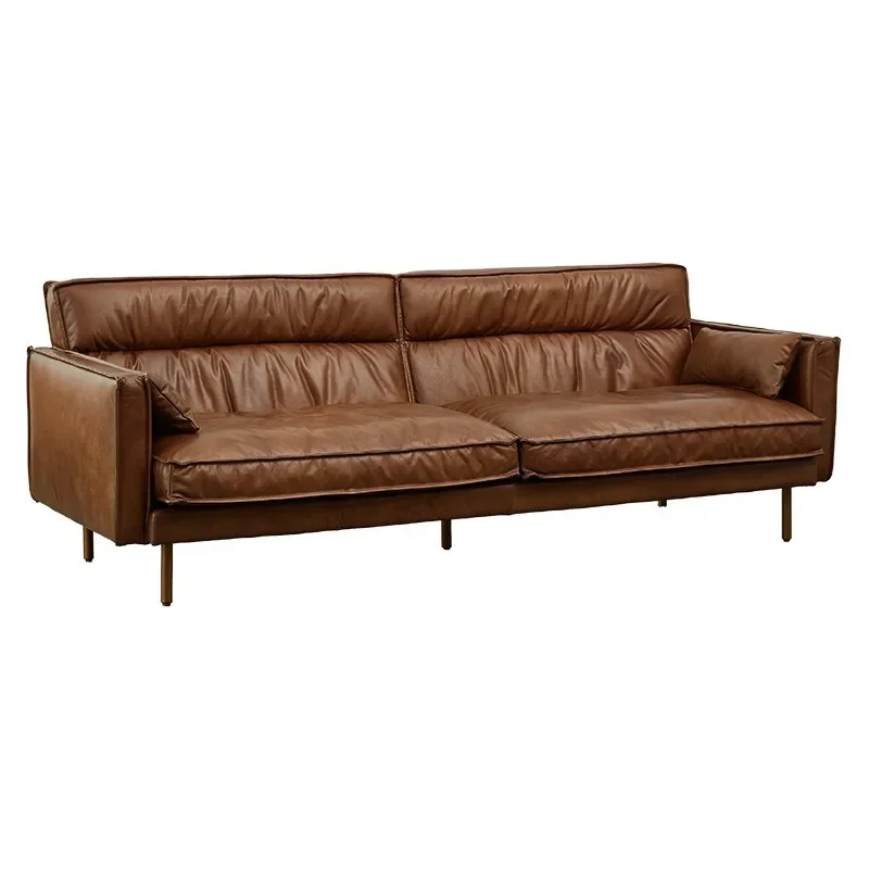 

Minimalist leather sofa living room three-person small apartment first layer cowhide straight row retro medieval sofa