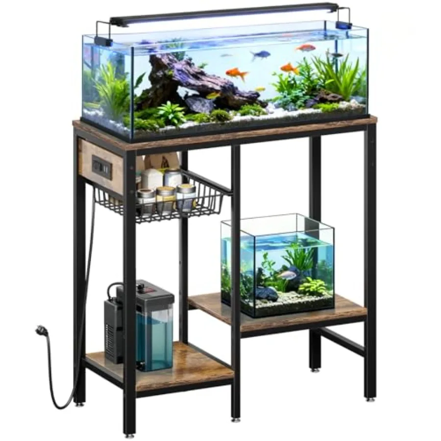 

20 Gallon Fish Tank Stand with Power Outlet, Metal Aquarium Stand with Adjustable Shelves and Pull Out Wire Tray, Ample Storage