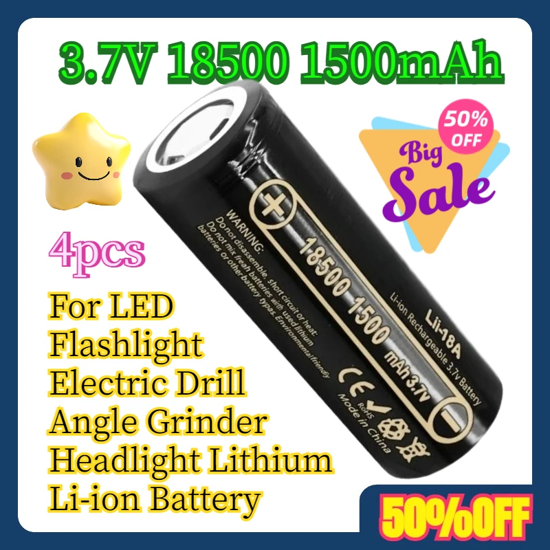 

4pcs 3.7V 18500 1500mAh For LED Flashlight Electric Drill Angle Grinder Headlight Rechargeable Lithium Li-ion Battery
