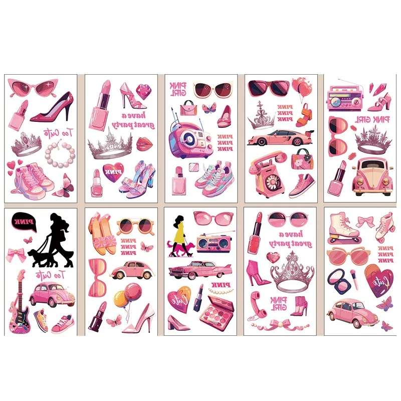 Temporária Pink Party Tattoo Sticker, Girl Theme Party Decoration, à prova d'água Pink Glasses Shoe, Birthday Party, 10Pcs