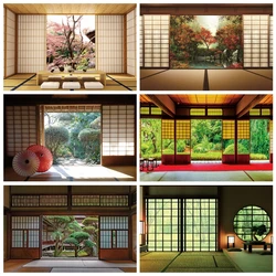 Fondo de fotografía de paisaje japonés, ventana de madera, flores, decoración de porche, Retrato, sesión fotográfica, estudio fotográfico