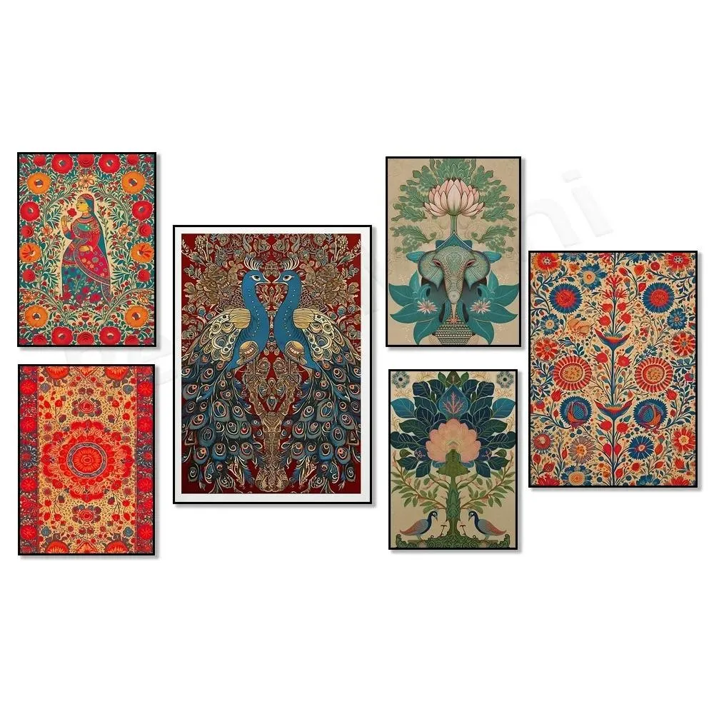 

Mughal Floral Tree of Life Indian Canvas Wall Art – Vintage Peacock Elephant Islamic Turkish Prints for Boho Home Decor