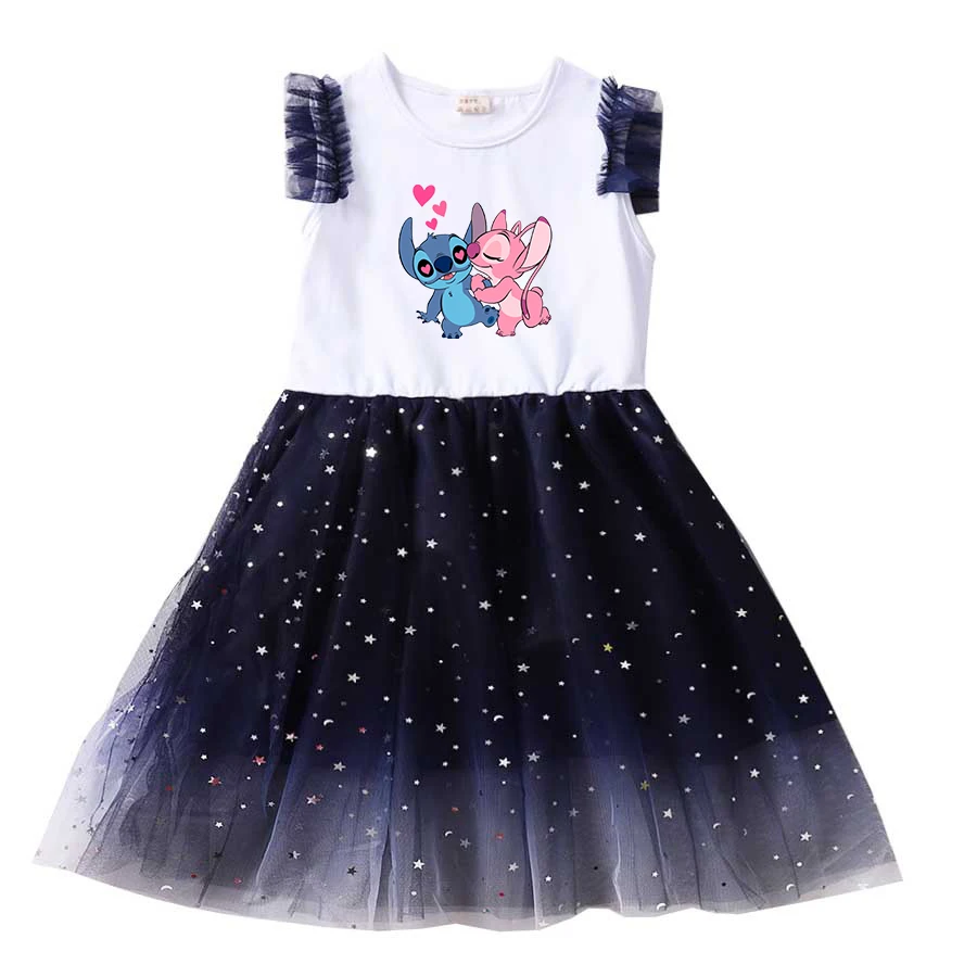 Lilo Stitch Summer Kids Dresses for Girls Kids Cartoon Short Sleeve Princess Dress Children's Prom Mesh Dresses