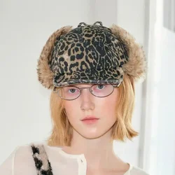 Retro Leopard Thunderbolt Hat Japanese Faux Fur Plush Flight Cap Female Winter Warm Thickened Cold Protective Ear Outdoor Riding
