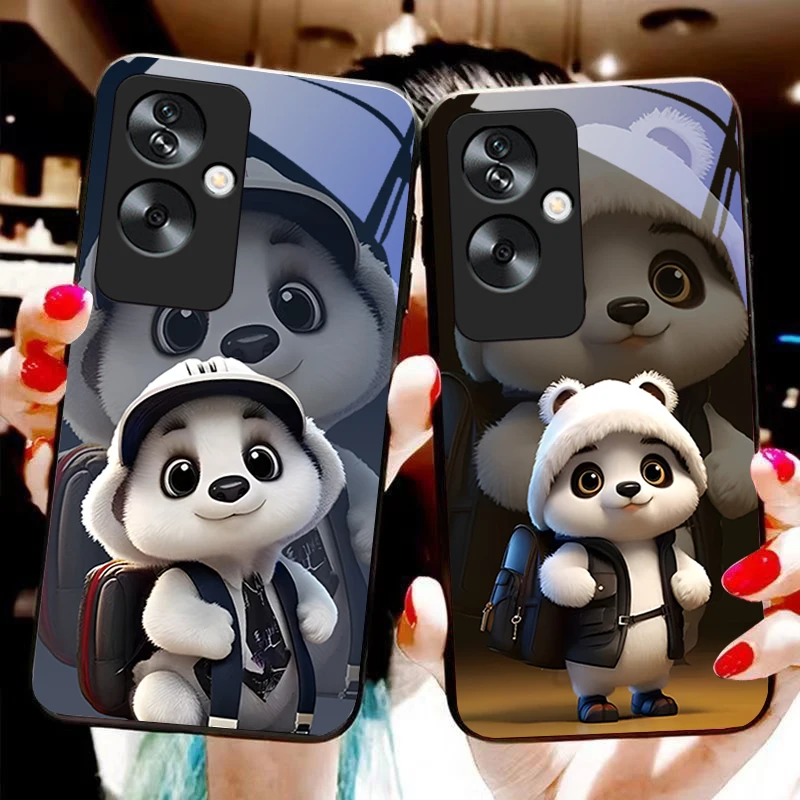 Cute little panda white For Oppo A79 5G 58 78 74 60 4G Reno 11F Realme GT 6 11 Note 50 10 C55 X2 Tempered glass black phone case