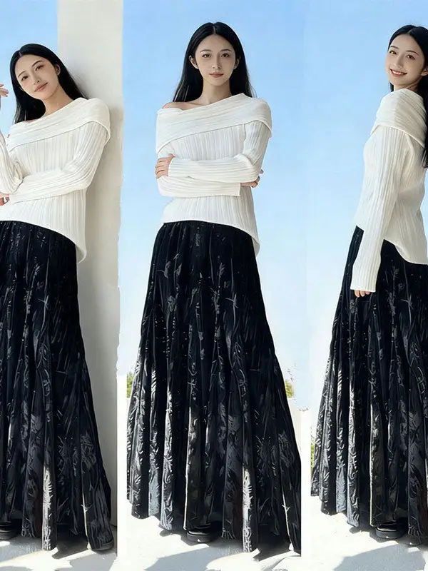 plus Size Gold Velvet A-Line Fish Tail Skirt High Waist Wide Hemline Casual Style for Plump Sisters Autumn Winter Women's Skirt