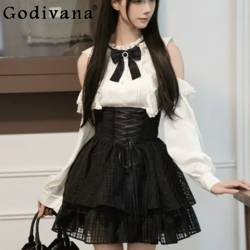Sweet Cool Girl Fashion Subculture Spring Lace Elegant Long Sleeve Shirt Fashion High Waist Gauze Lace-up A-line Black Skirt