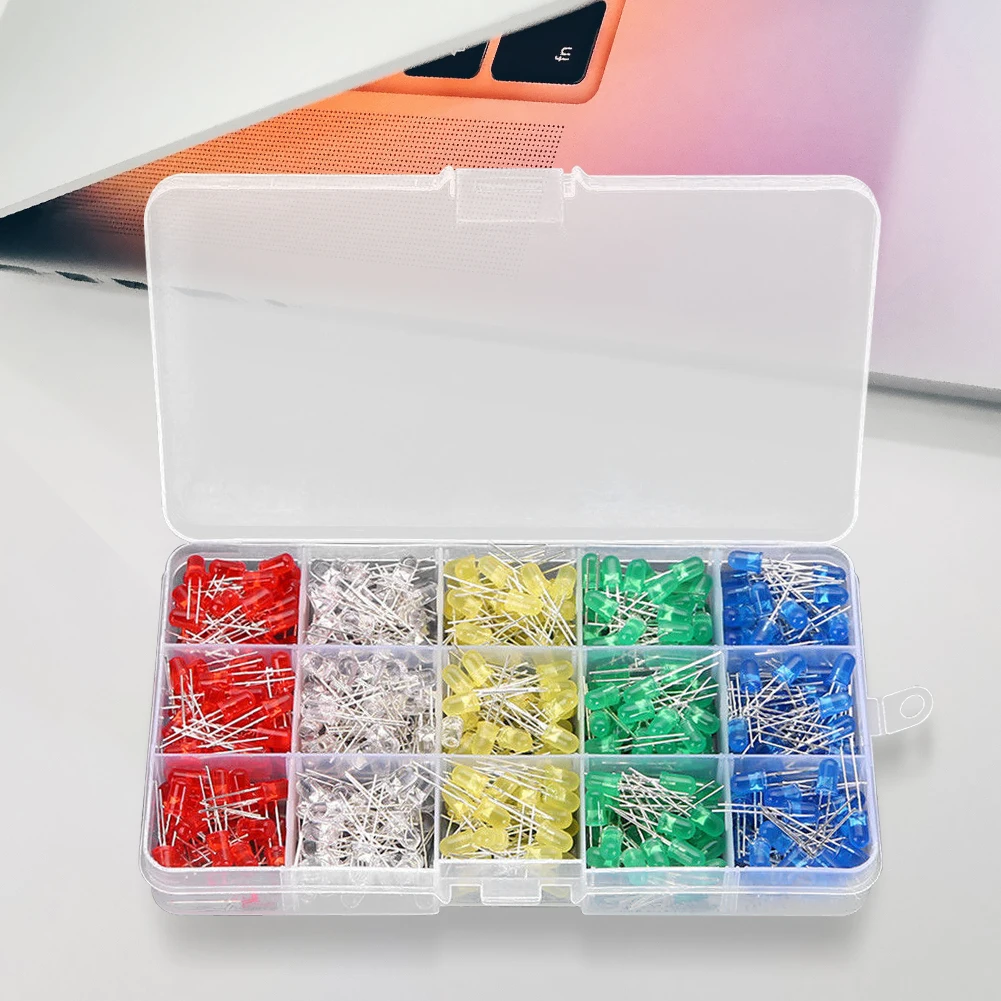 

500Pcs Luminous Diode Kit Red Yellow Blue Green White 5MM Luminous Diode Assorted Kit 100Pcs/Color LED for Electrical Equipment