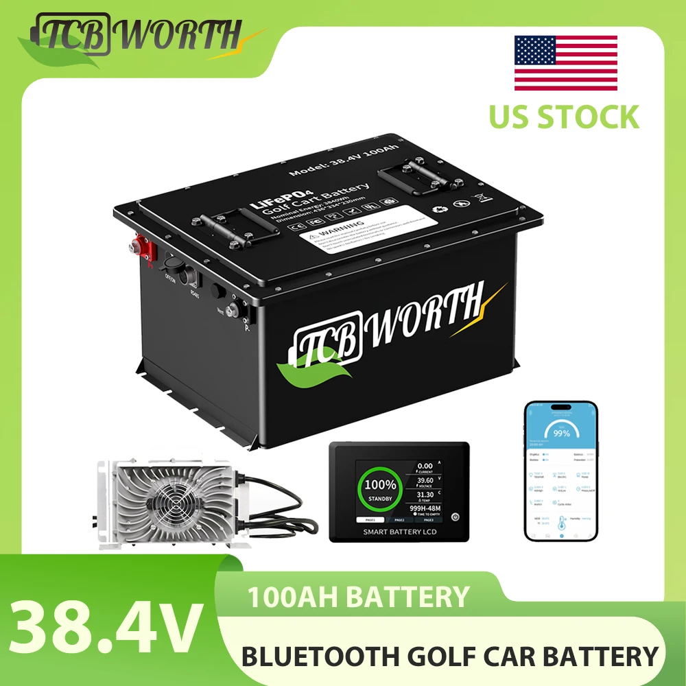 35V 100Ah Lithium Golf Cart Battery Built-in BMS with Touch Monitor & Mobile APP for Trolling Motors,Marine (with 20A Charger)