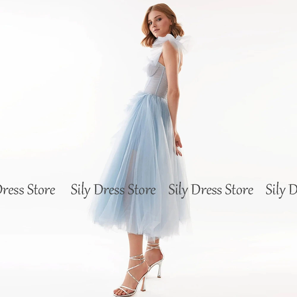 

Customized Dreamy Homecoming Gowns Net A-line Cocktail Party Dress Azure One-shoulder Ruffles Ruched Elegant Birthday Dress Midi