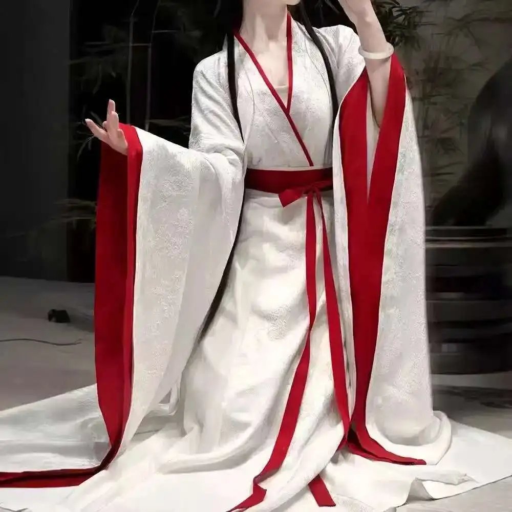 

Lace Hanfu Costume Chinese Ancient White Fairy-like Dress Warring States Period Loose Long Robe Photo Shooting Prop