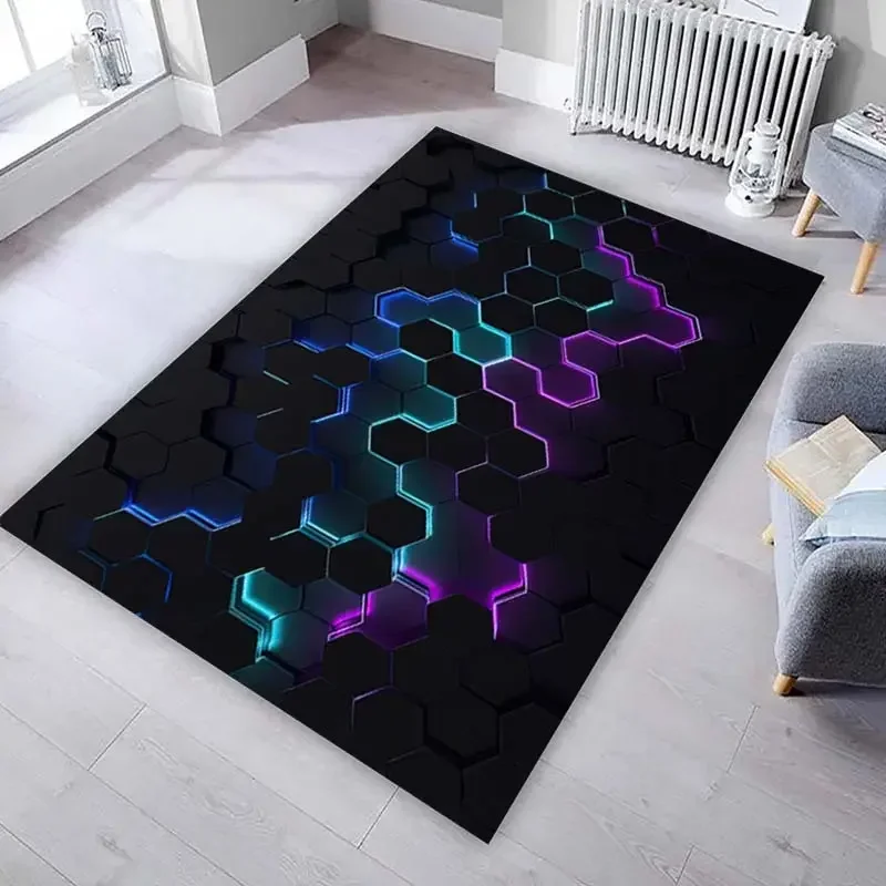 3D Hexagon Pattern Carpet with Neon Aesthetic Non Slip Floor Mat for Gaming Room Teens Bedroom Decor Living Room Area Rug