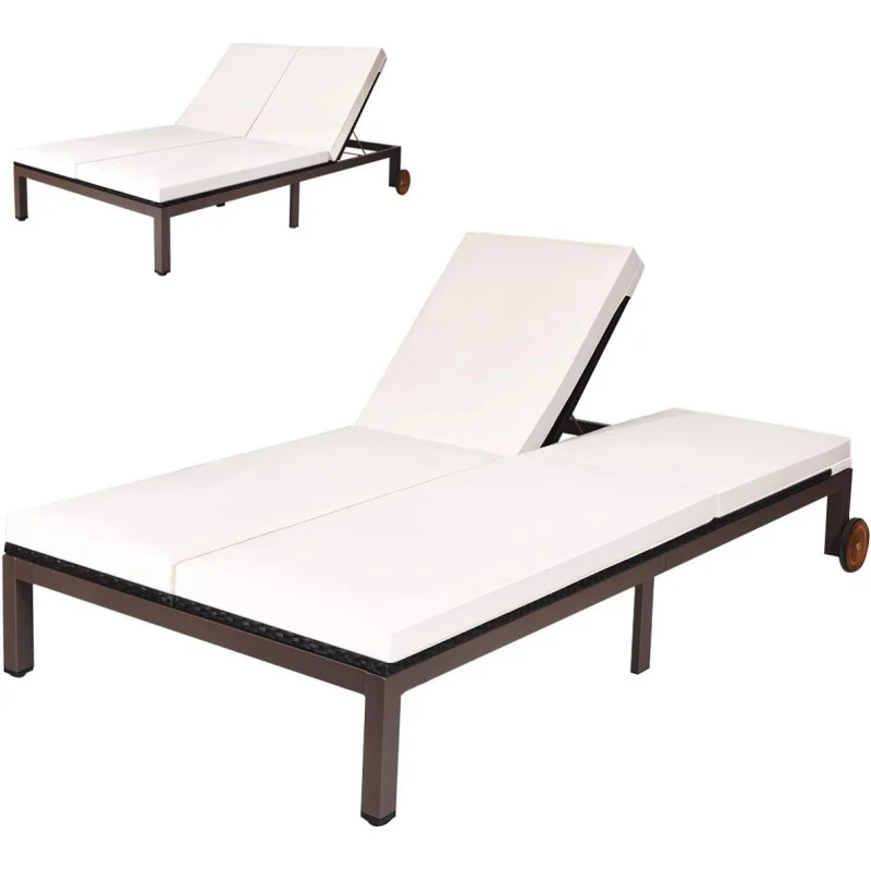 

2-Person Wicker Double Lounge Chair, Adjustable Rattan Daybed with Wheels & Cushion, Outdoor Patio Loveseat Backyard