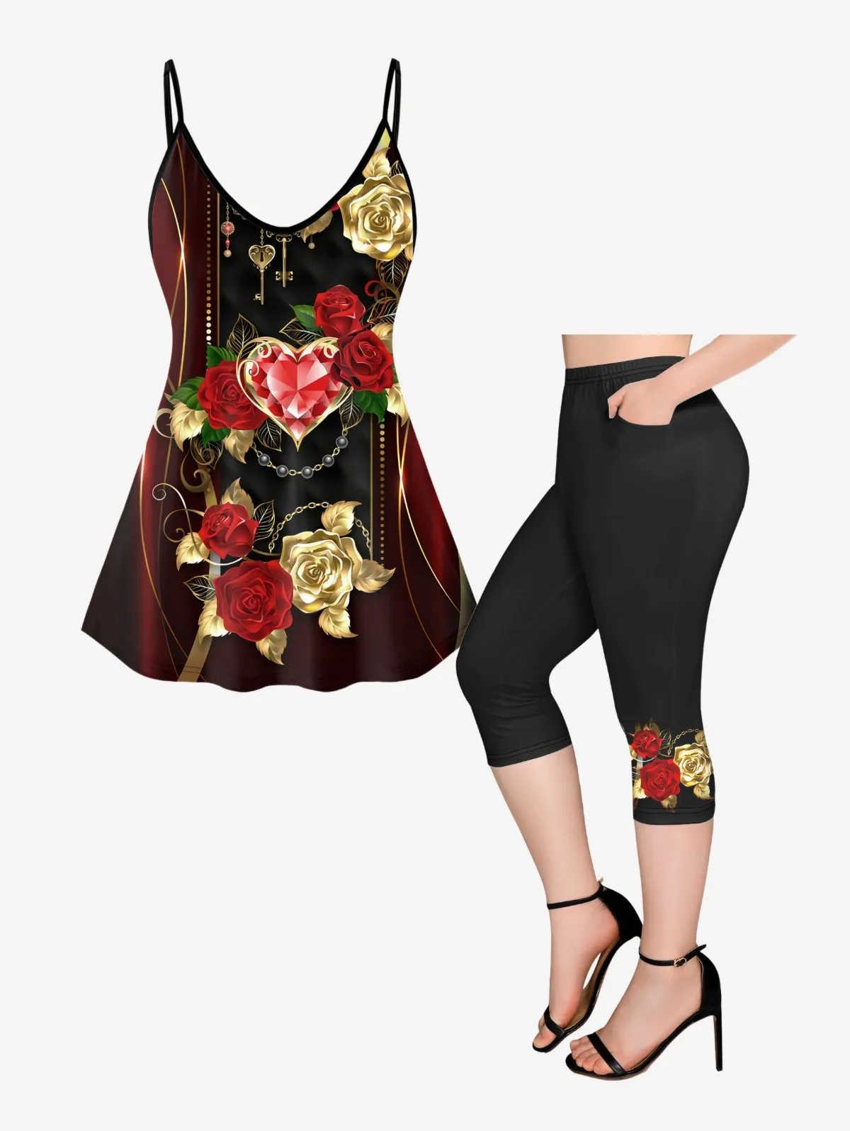 3D Printed Cami Top Or Pockets Capri Leggings Women's Rose Leaf Heart Diamond Adjustable Shoulder Strap Tees Or Tights