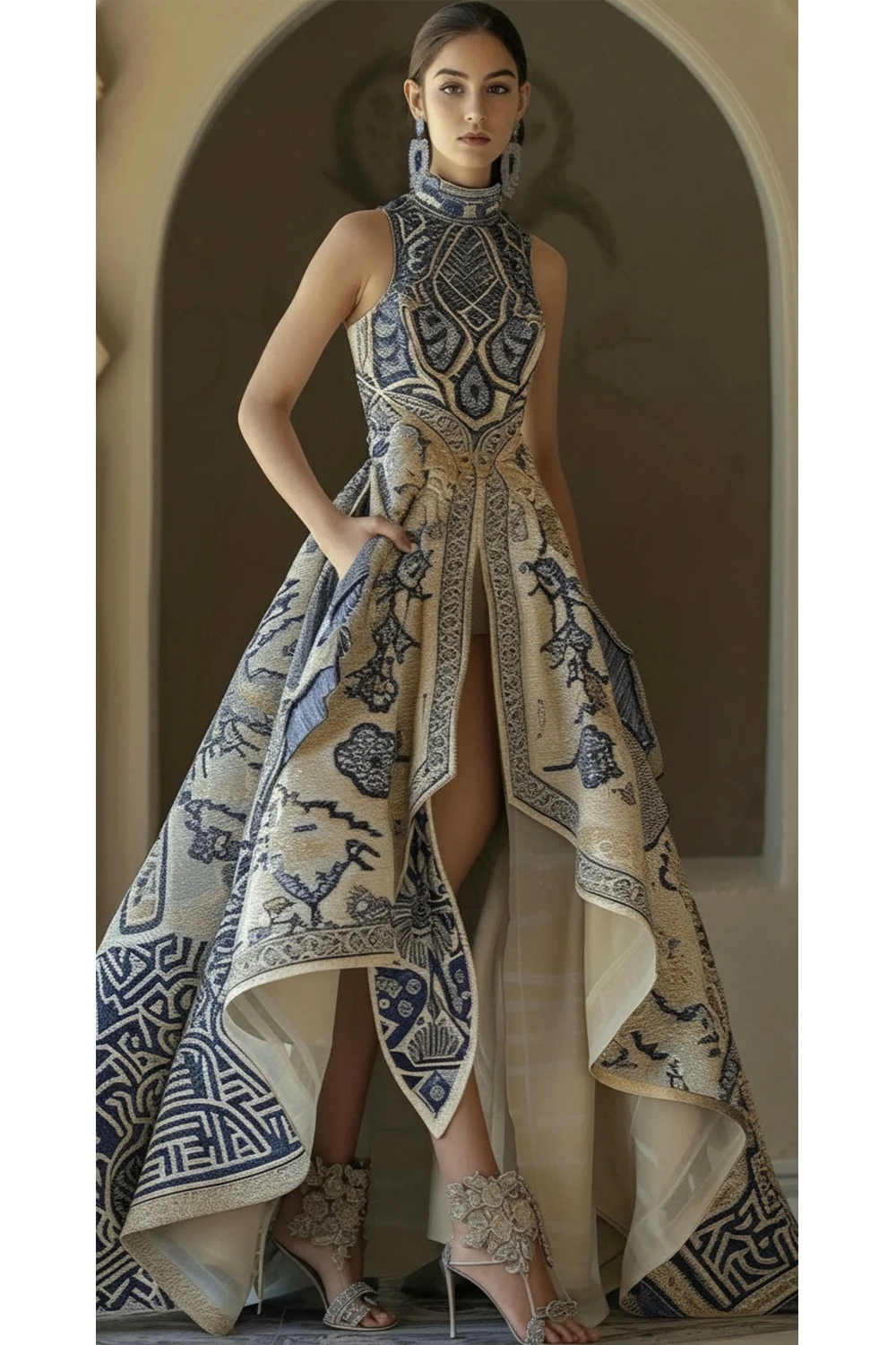 Women's Geometric Print High Low Maxi Dress Sleeveless Mock Neck Pocket Evening Gown Elegant Wedding Guest Bridesmaid Dress