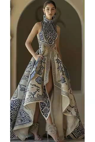 European Elegant Party Evening Formal Dress for Women's Low High Hem Pockets Floral Printed Wedding Guest Sleeveless Long Dress