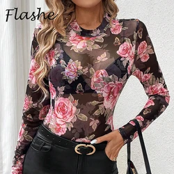 Elegant Mesh Shirt Women Spring Autumn O Neck Flower Printed T Shirts Woman Sexy Slim Harajuku T-Shirts Y2K Tops Tee