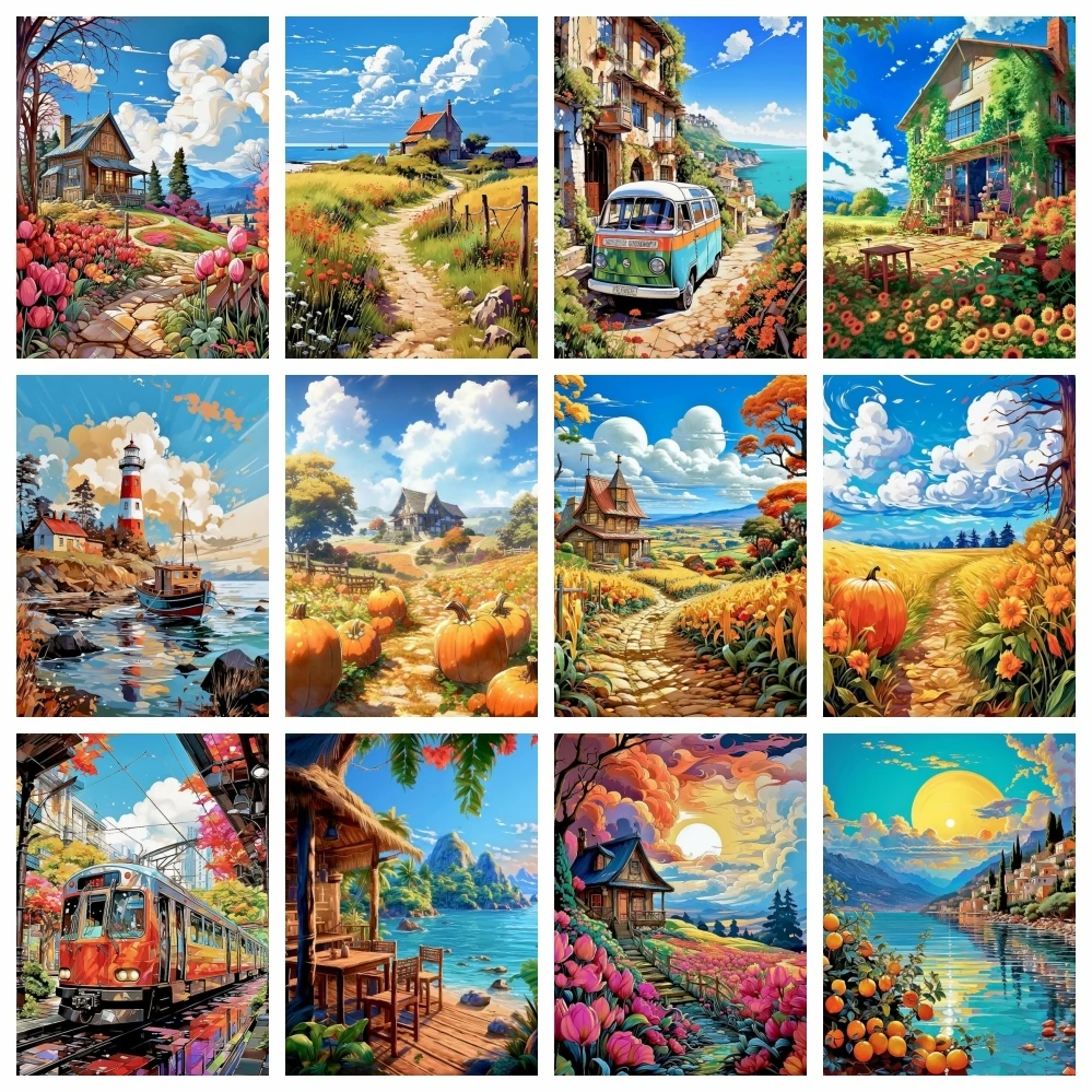 AZQSD Diamond Painting House Landscape Cross Stitch Embroidery Farm Field Full Square/Round Drill 30x40cm Rhinestones Gift