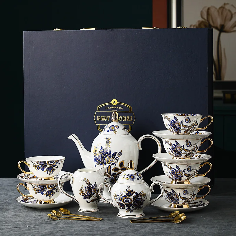 English Style Coffee Cup and Dish Gift Box Set for Home Use, Bone China Light Luxury Design, High-end Gift Selection
