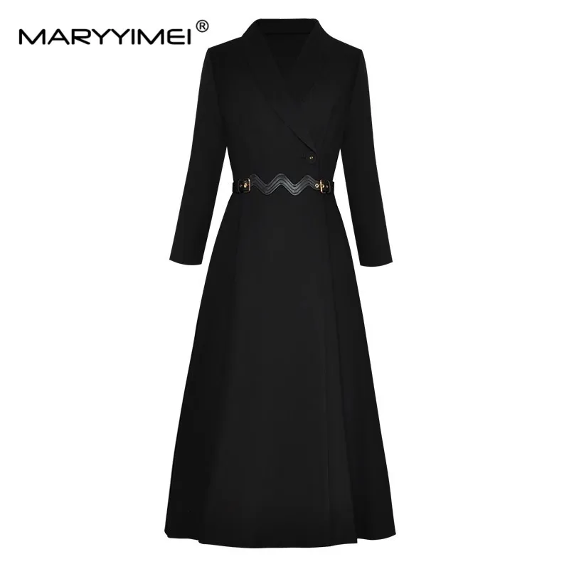 MARYYIMEI Fashion Autumn Winter Women\'s dress Single Button Lace up Simple Commuter Elegant Windbreaker Dresses