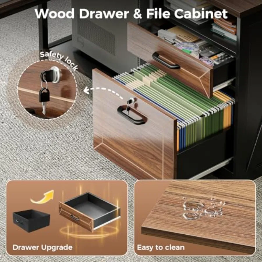 L Shaped Desk with Wooden Drawers Locking File Cabinet 61 Inch Large Executive Desk with Power Outlet Led Computer Desk with St