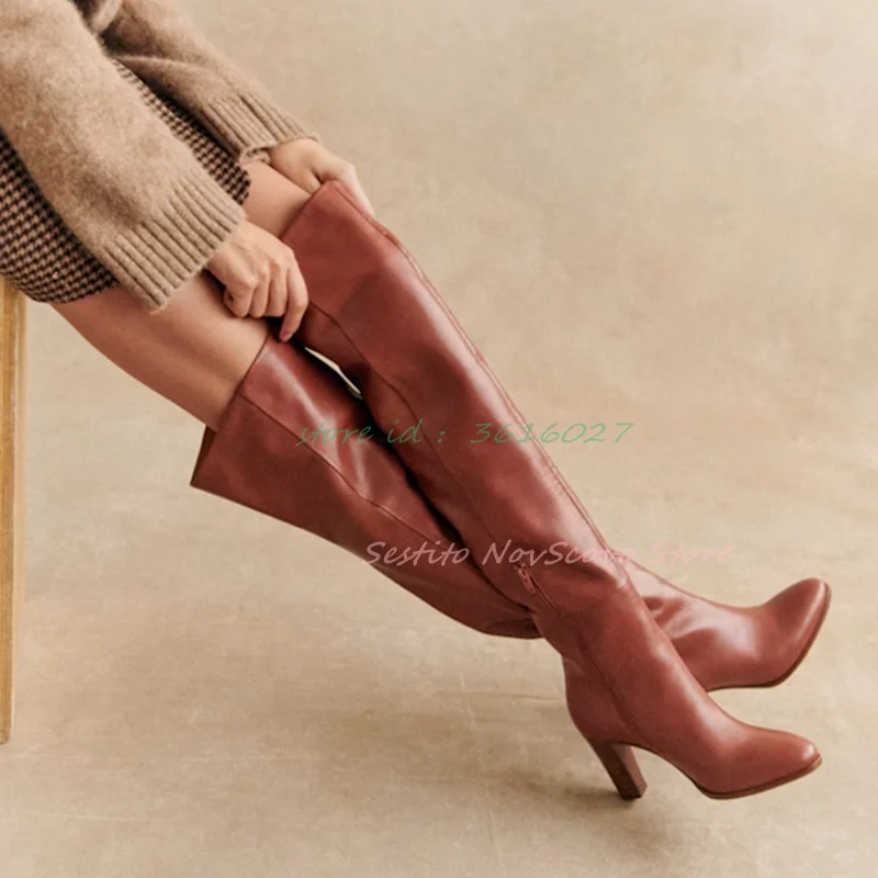 Brown Thigh High Boots Pointed Toe Inside Zip Block High Heels Over The Knee Boots Sewing Classic Long Boots for All Seasons