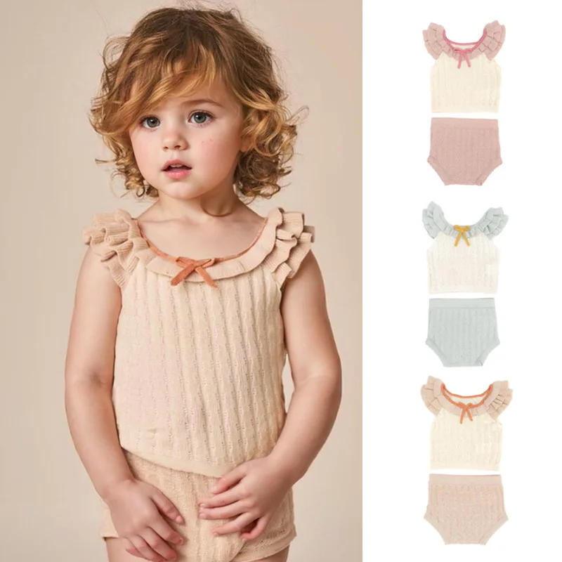

Baby outfit2026Spring and summer new stylish and sweet baby girl lace knitted top and shorts two-piece set