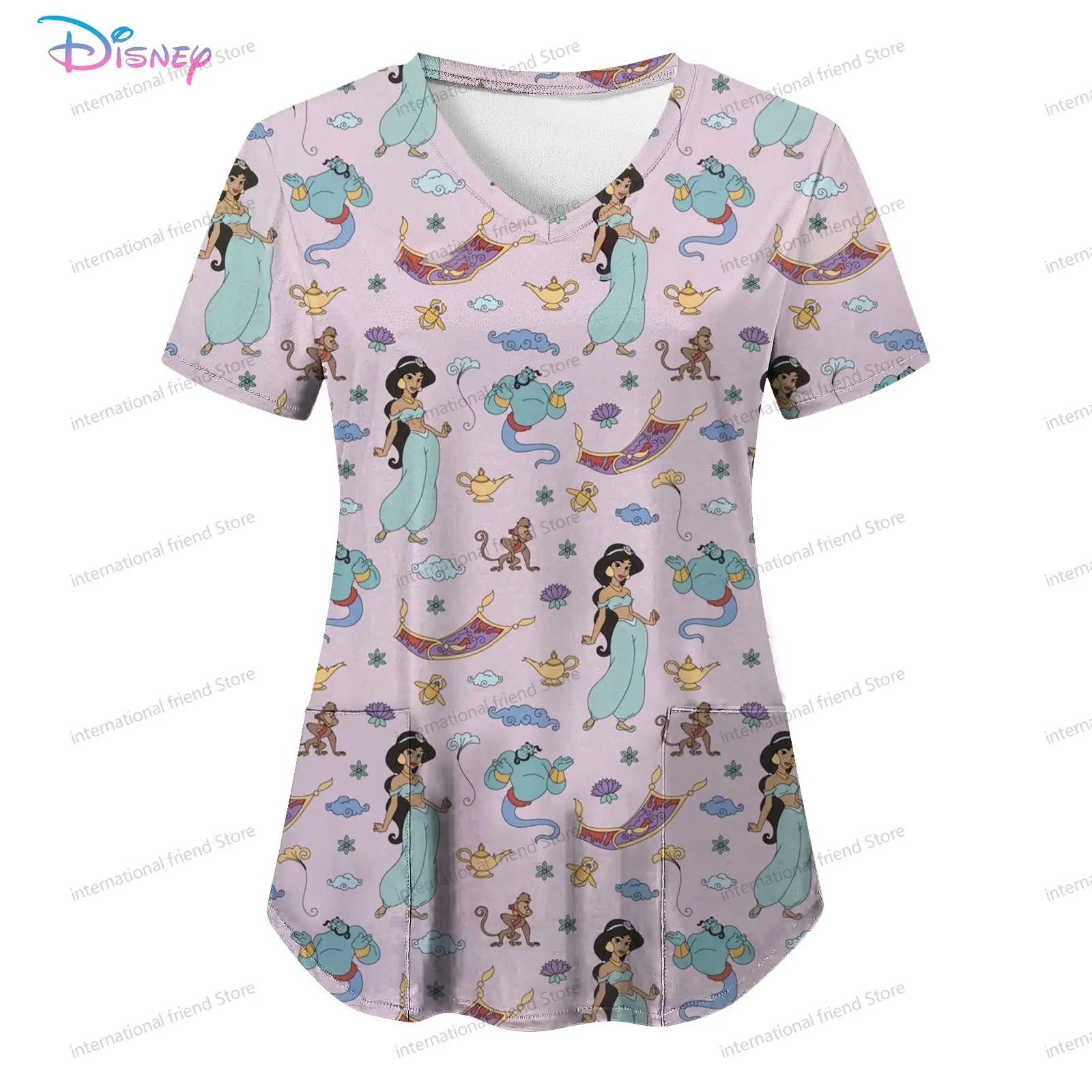 Disney Princess Women's V Neck Nurse Uniform T-Shirt Pocket Tops Woman 2024 Y2k Cheap Top New Dress Summer Kawaii S-2XL Clothing