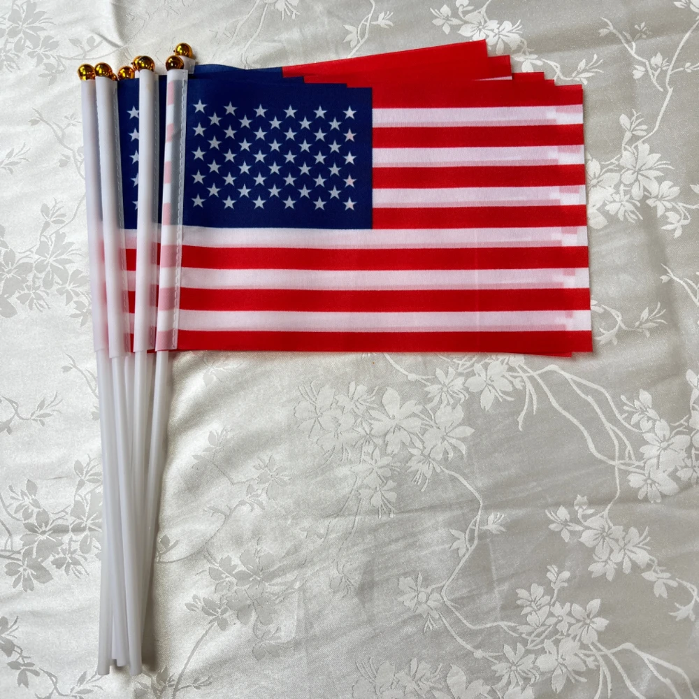 CZY American National Flag14x21cm USA Flying Flag The United States of America Banner Hand flags with Plastic Flagpoles